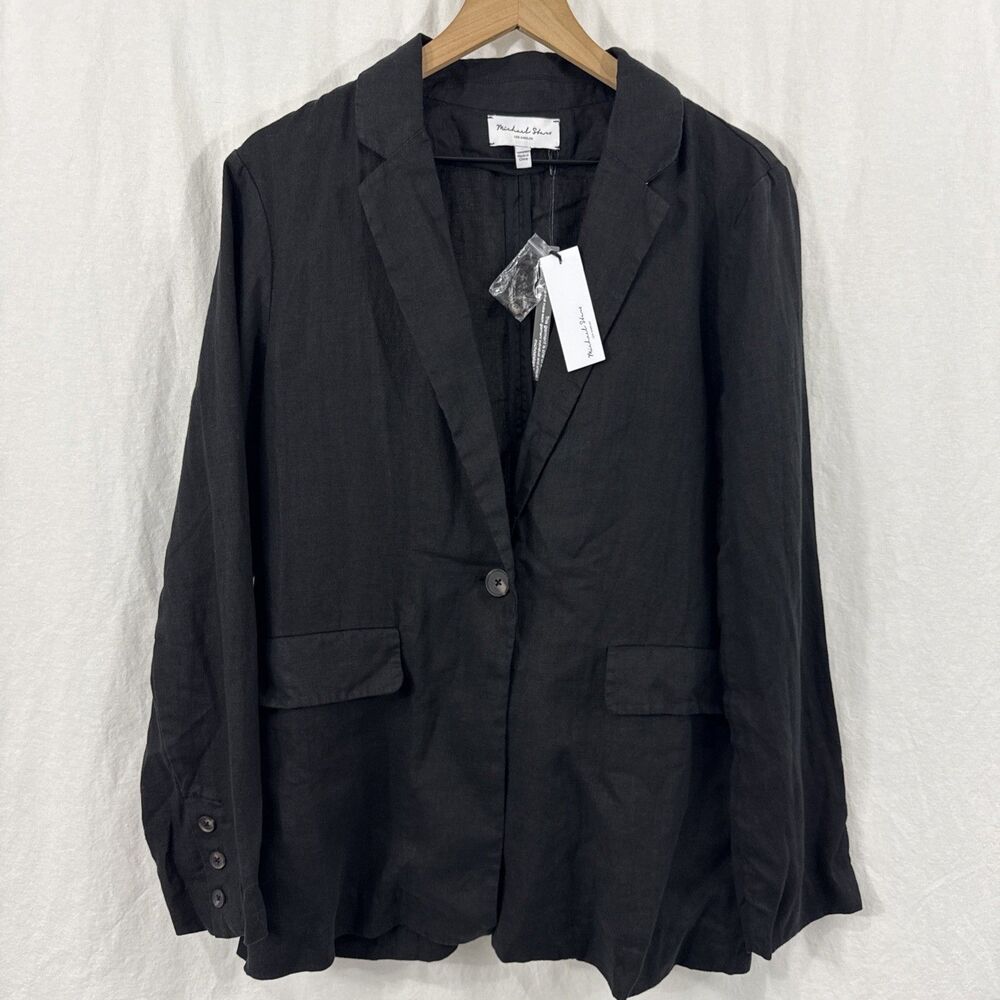 Michael Stars Black Lottie 100% Linen Blazer Womens Sz L Quiet Luxury Minimalist